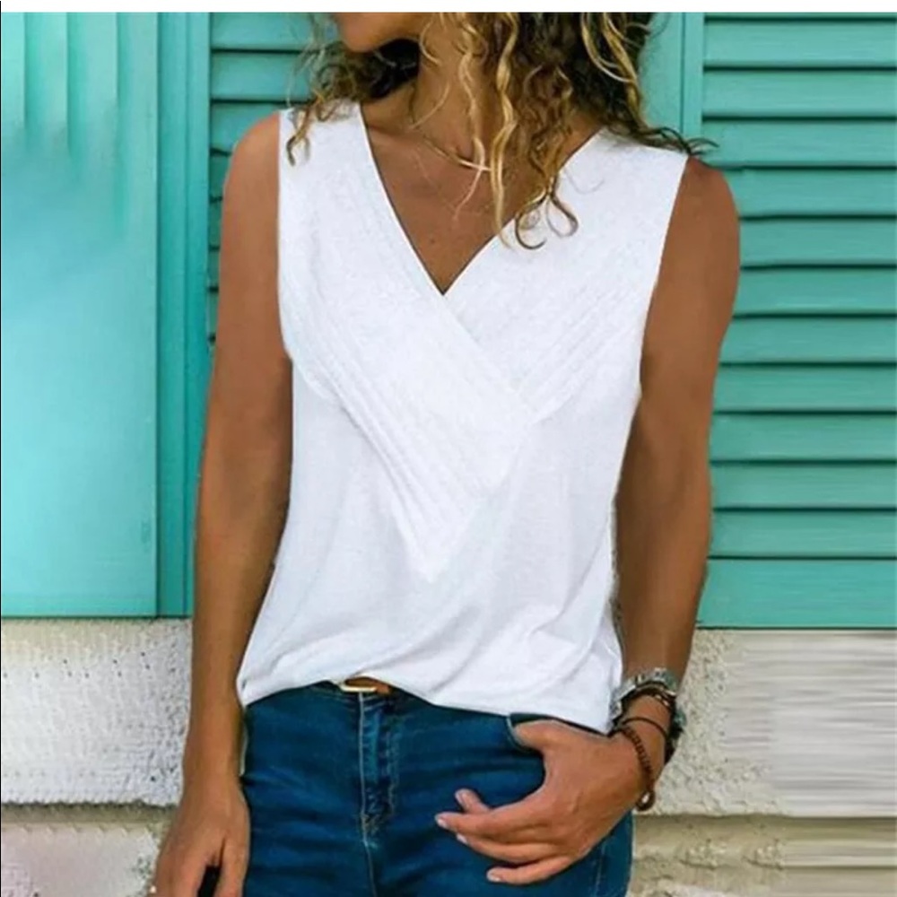 White V-Neck Tank Top with detailing